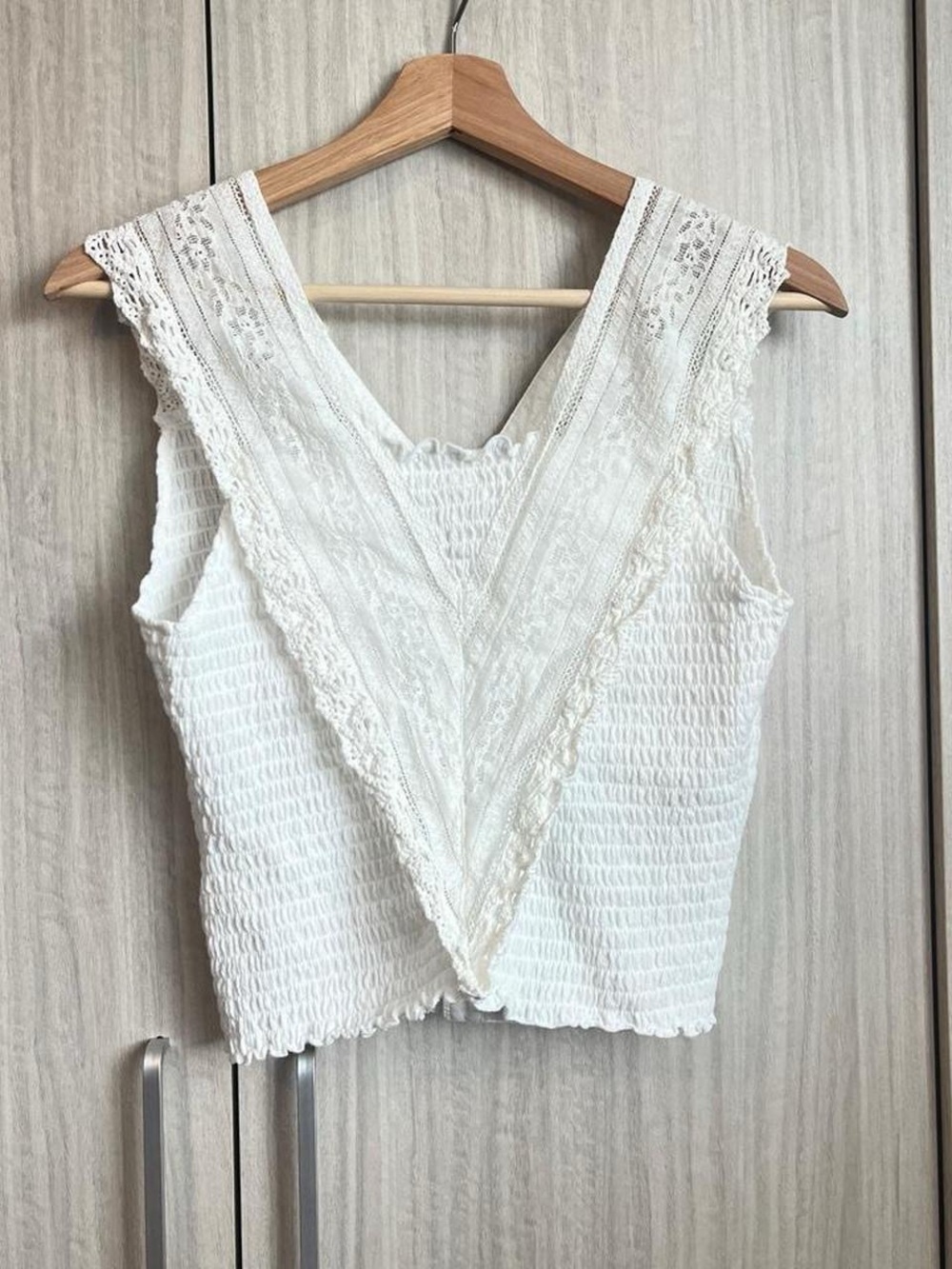 Free People White Lace-Trim Smocked V-Neck Camisole